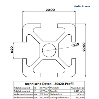 ALU Profil Aluprofil 20x20mm Nut 6 Aluminium Systemprofil Typ I 100mm-2000mm