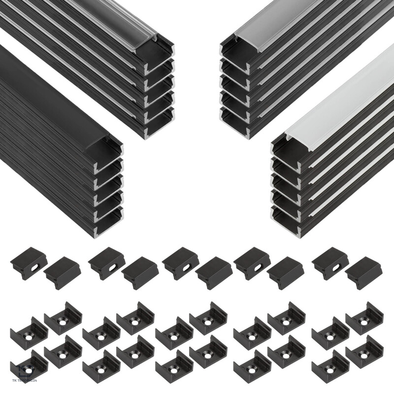AFTERTECH Aluminiumprofil Für LED-Streifen – 8x2 M (16 M), 15x6 Mm, Schwarz, Inkl. Abdeckung & Zubehör