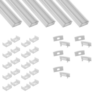 5x A17 LED Profil 2m - Weiss inkl. Abdeckung klar, Halter & Endkappen