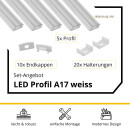 5x A17 LED Profil 2m - Weiss inkl. Abdeckung klar, Halter & Endkappen