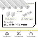 5x A19 LED Profil 2m - Weiss inkl. Abdeckung, Halter & Endkappen